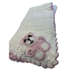 Vintage Handmade CROCHET AFGHAN BABY BLANKET Cream Pink‎ Border 38"X 42" Bear